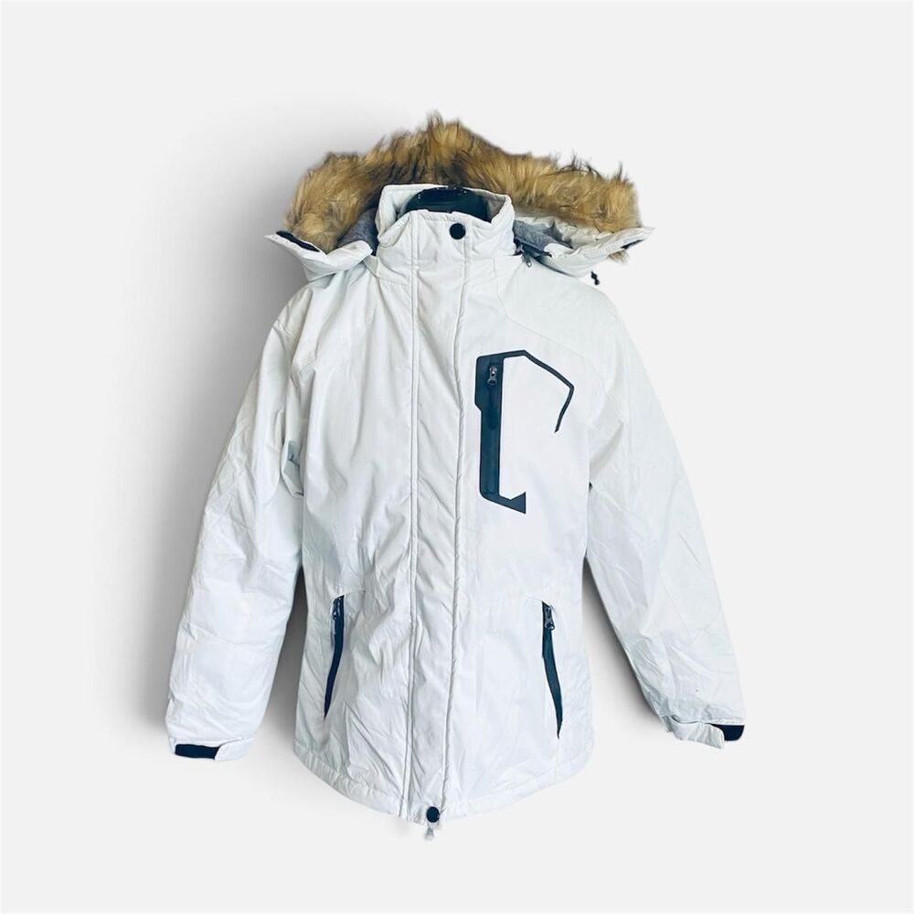 MOERDENG Women’s Waterproof Ski Jacket – Size Small – White Faux Fur Hooded Wint